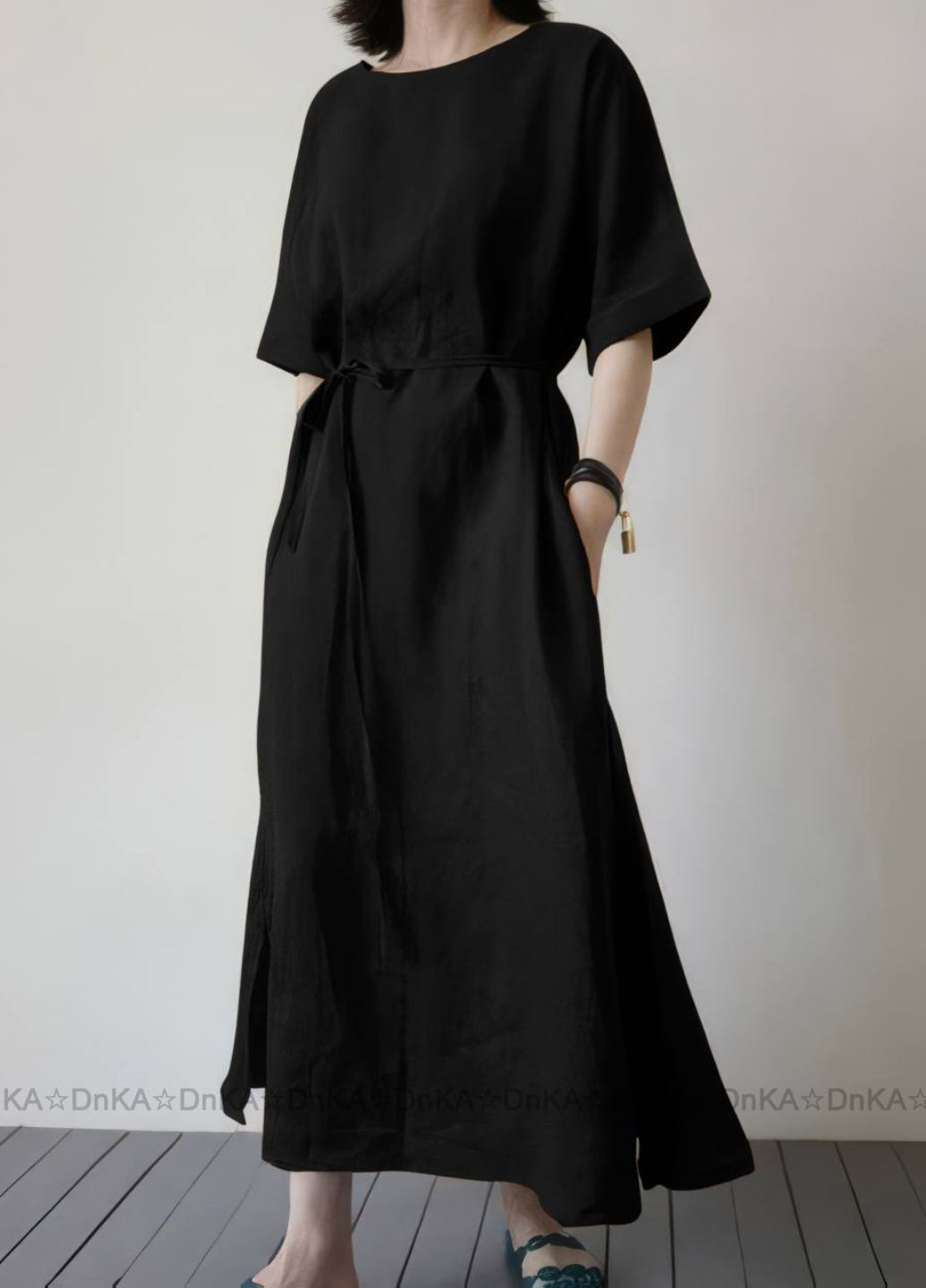 Черное повседневный повседневное летнее платье из льна No Brand однотонное