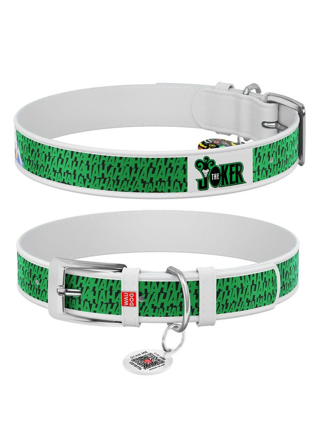 Нашийник для собак шкіряний WAUDOG Design з QR паспортом, малюнок "Джокер",, Ш 25 мм, Дов 38-49 см, білий No Brand (363198242)