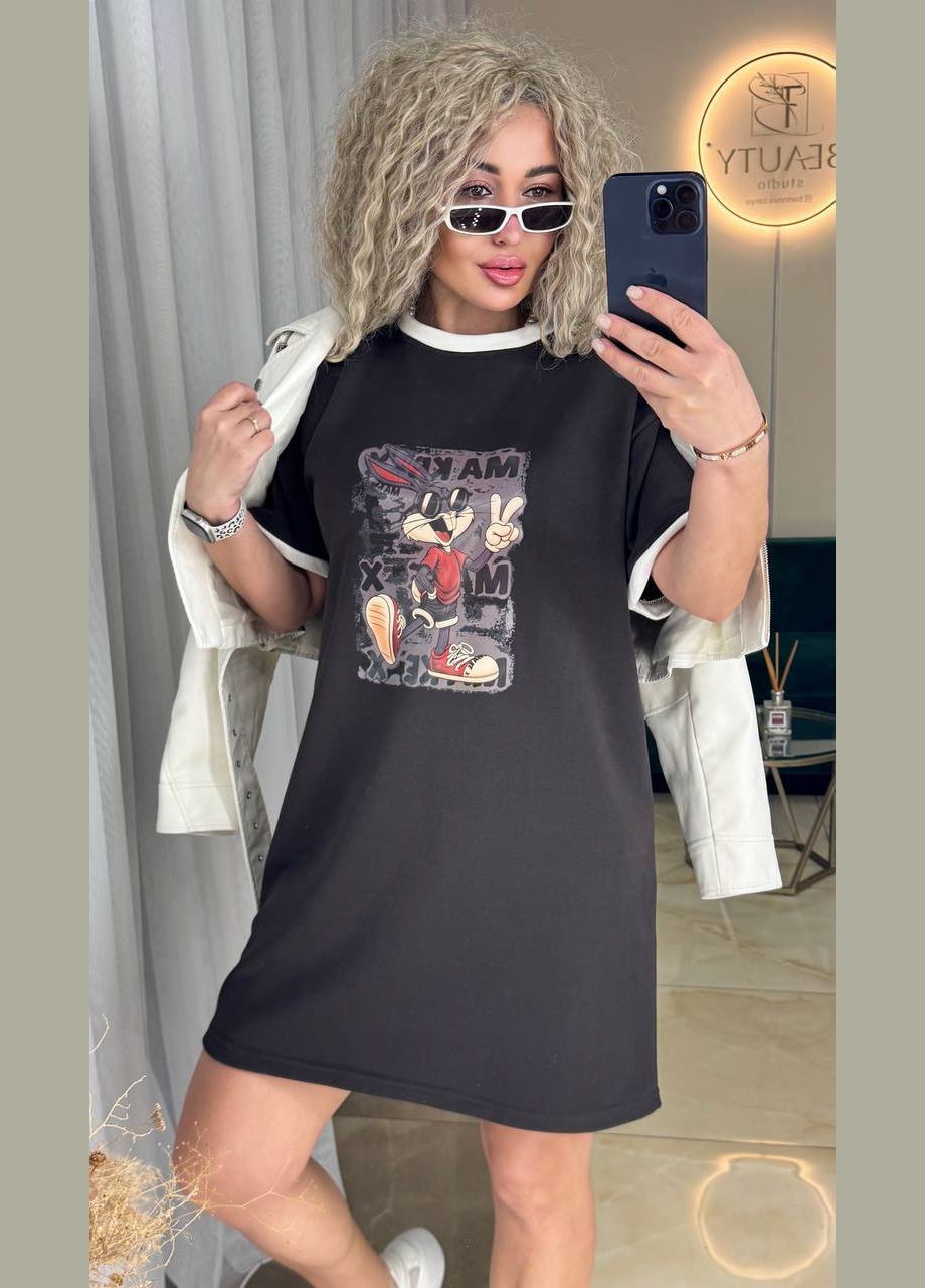 Темно-коричнева повсякденний жіноча сукня-футболка з мультяшним принтом сукня-футболка MonCher