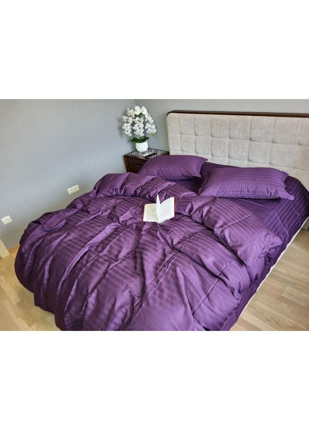 Постільна білизна з резинкою Мульти страйп сатин сливовий, PREMIUM Евро розмір, наволочки 70/70 No Brand (363190047)