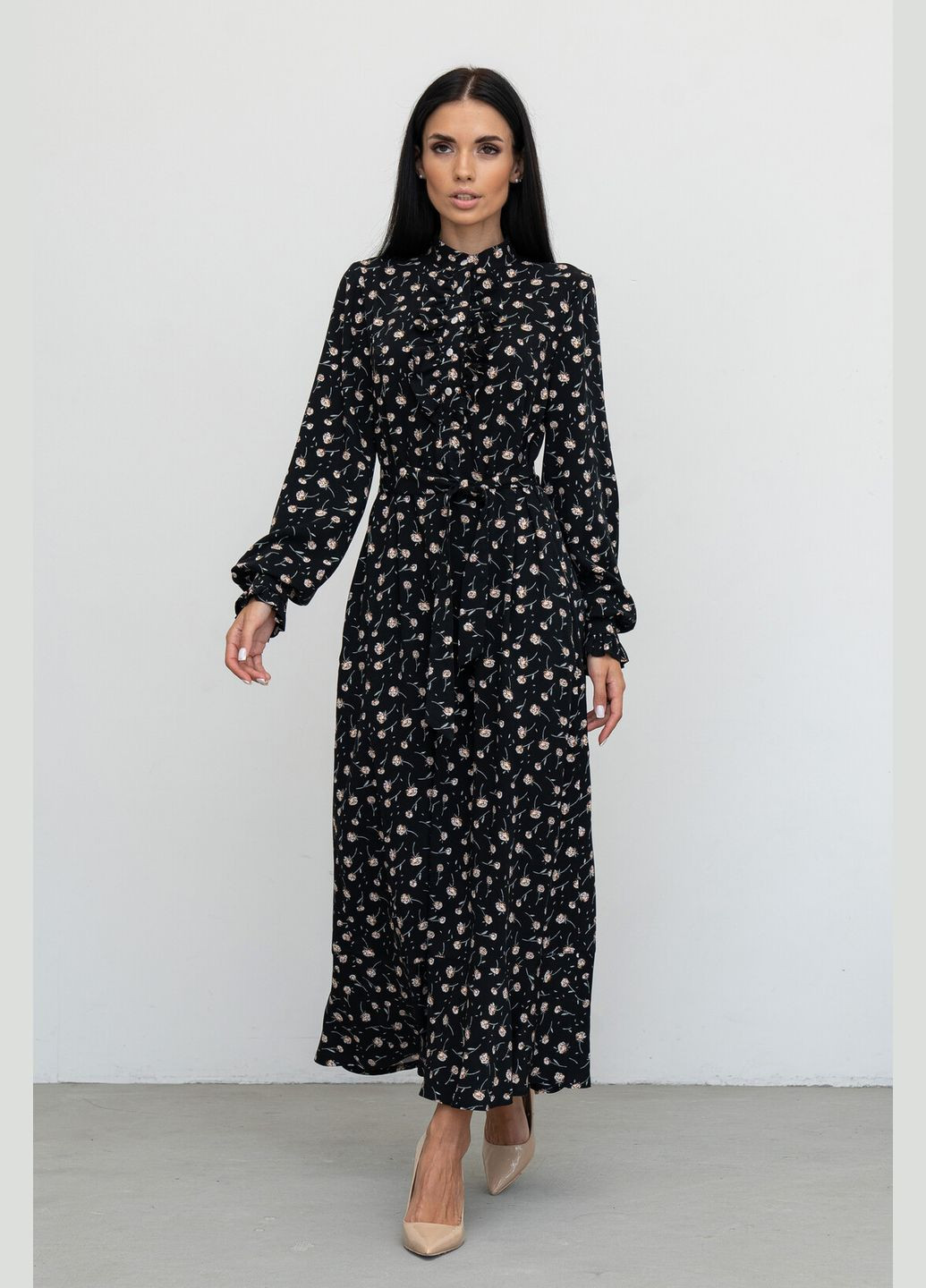 Черное повседневный длинное женское платье а-силуэта из штапеля с длинным рукавом (ск 1924) RiMari