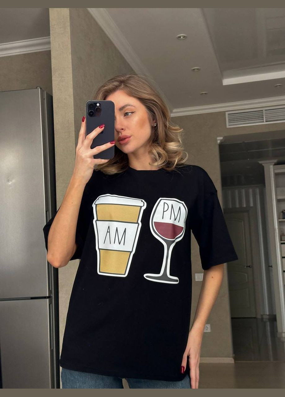 Красивая повседневная футболка из качественного кулира с накатом "кофе и вино", чёрная оверсайз футболка в размере 42-46 No Brand 309 - (291622352)