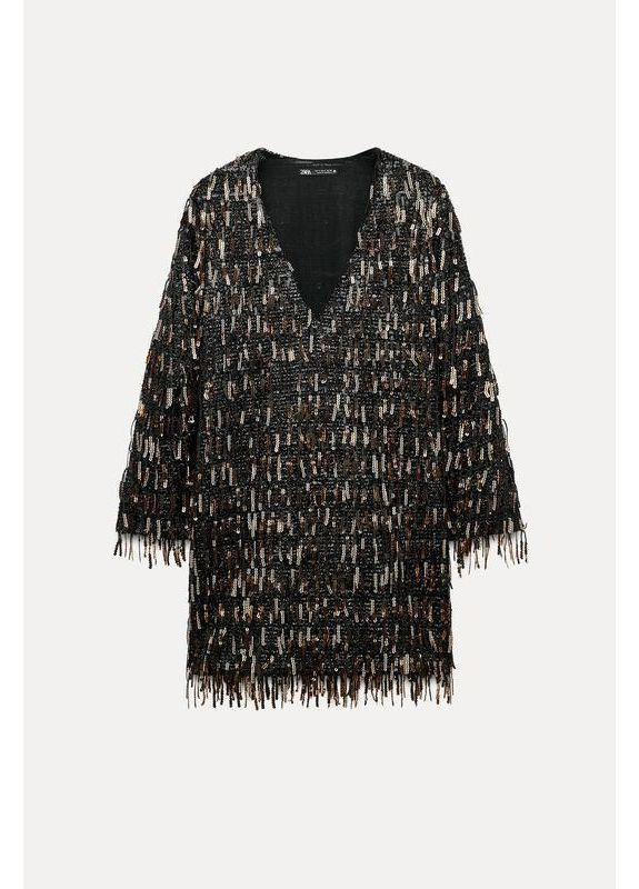 Черное короткое платье с бахромой и блестками Zara