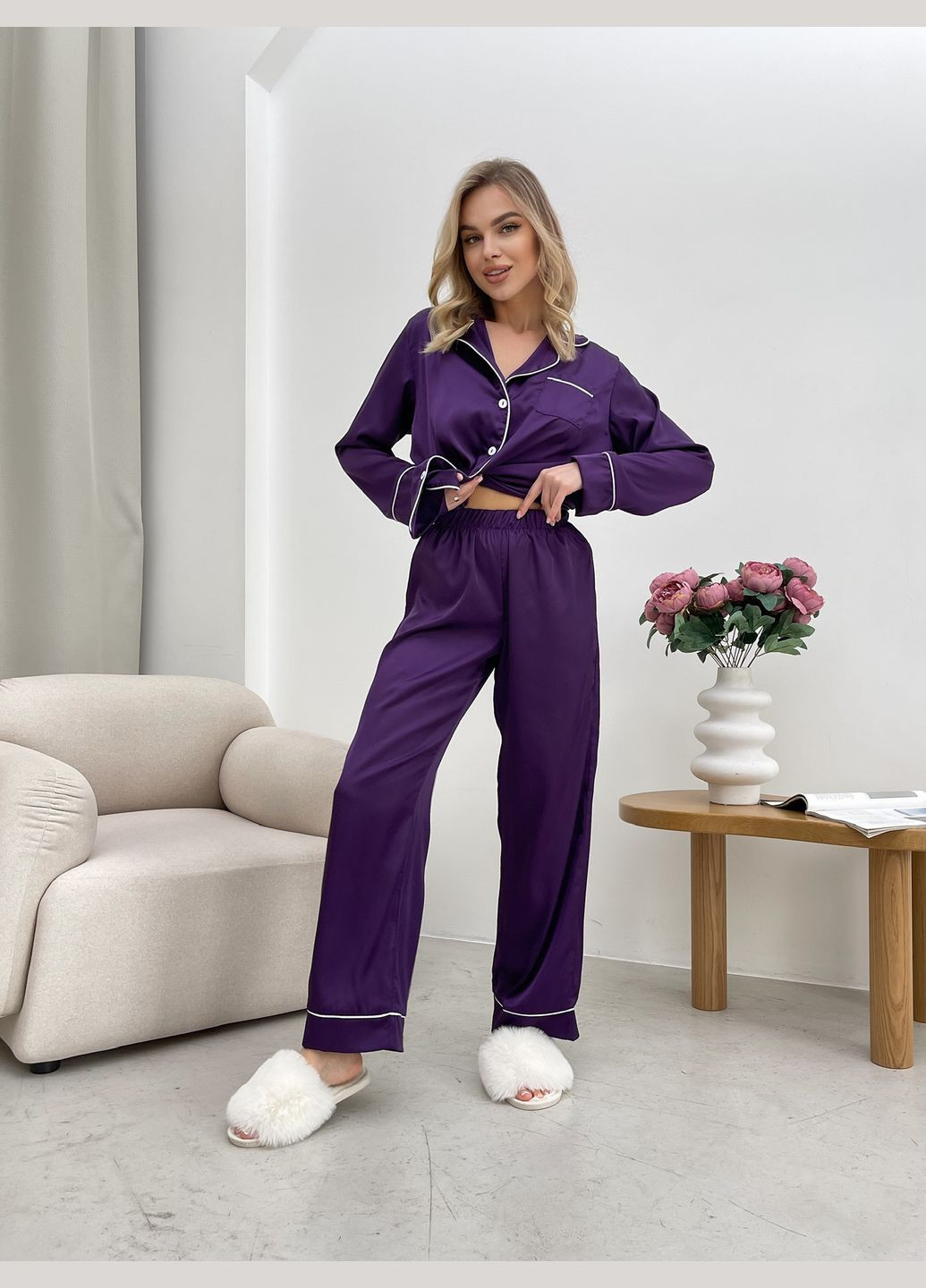 Фиолетовая всесезон шелковая пижама рубашка + брюки No Brand