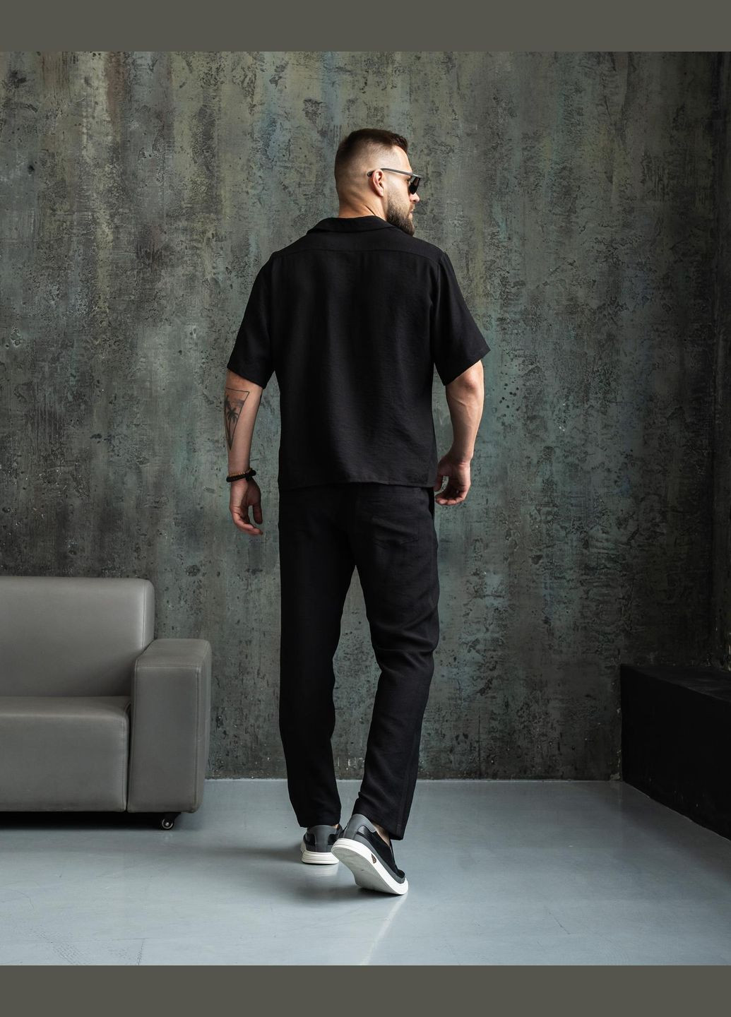 Черный летний мужской льняной набор рубашка штаны на лето, классический модный стильный комплект для отпуска черный с рубашкой, брючный Intruder Aero