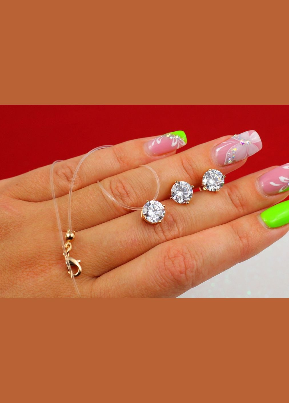 Набір сережки гвоздики і ліска з камінчиками 8 мм золотистий Xuping Jewelry (358650704)