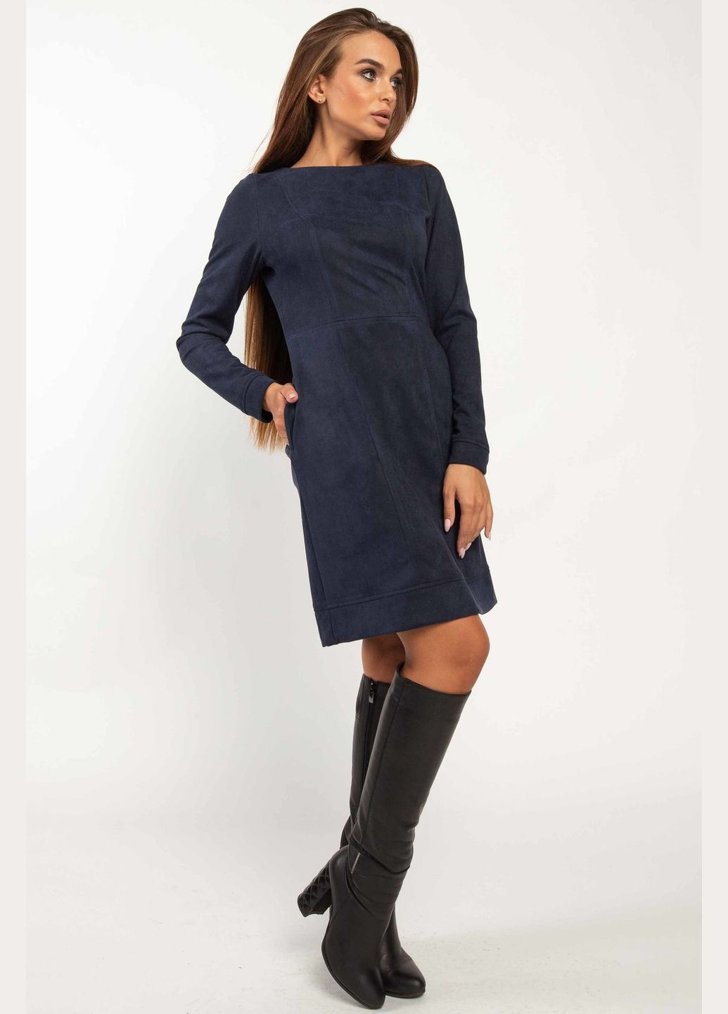 Темно-синее повседневный мини платье полуприлегающего силуэта с карманами из твила с замшем-диагональю (вл 2220) RiMari