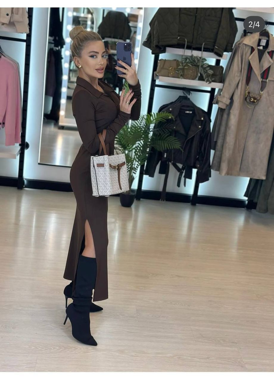 Коричневое повседневный, деловое, кэжуал женское платье силуэтная No Brand однотонное