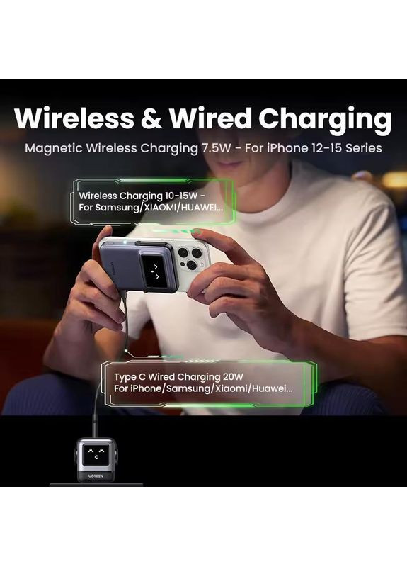 Беспроводной магнитный павербанк PB572 Qi2 10000 mah 20W со сложной подставкой и TFT дисплеем Серый Ugreen (359502920)
