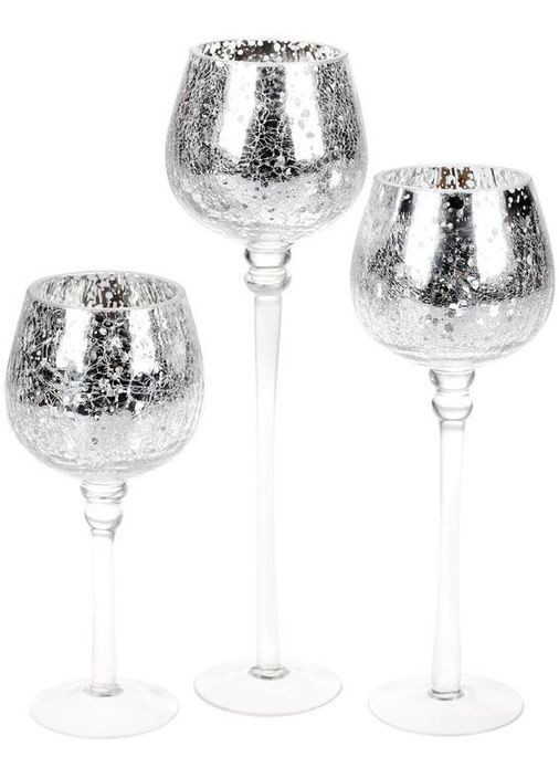 Набор 3 подсвечника Isabelle из стекла серебро для декора интерьера с эффектом битого стекла Bona (368979698)