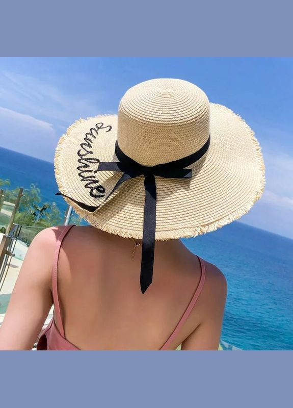 Сонцезахисна капелюх солом'яний річна жіноча Oxa з широкими полями вишивкою бахромою стрічкою бежева (58-12) No Brand (358204258)