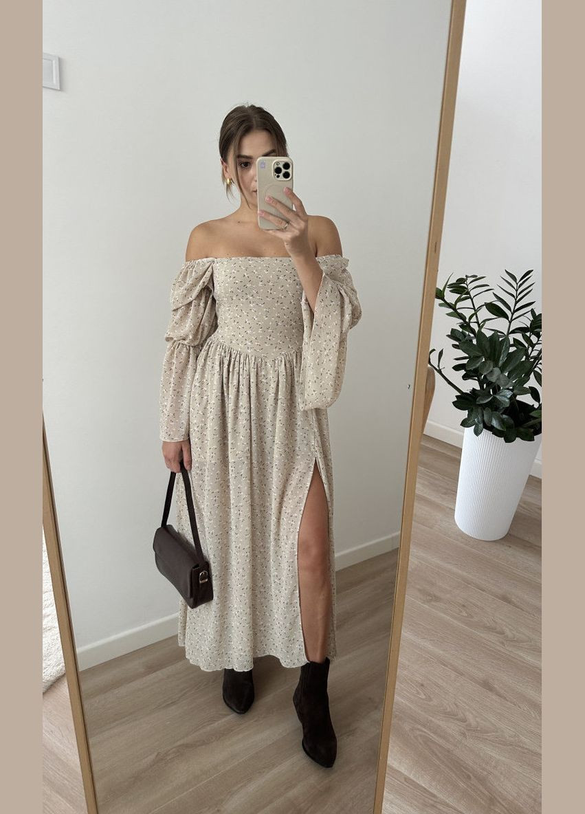 Бежева повсякденний, кежуал сукня міді з корсетом на довгий рукав Twice з квітковим принтом