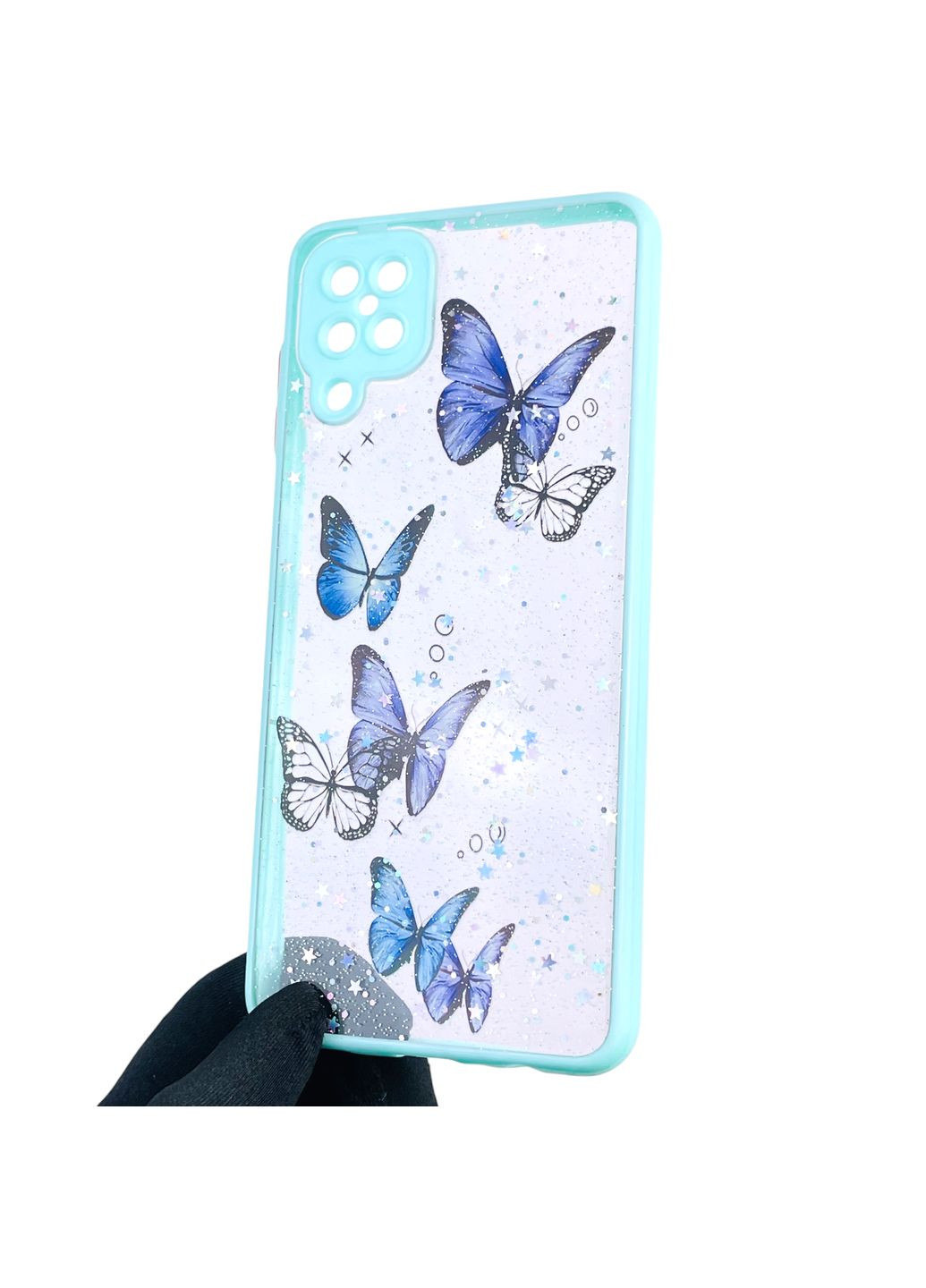 Чехол для Galaxy A12 (SM-A127F) с блёстками с бабочками на самсунг а12 бирюзовый Samsung (366385686)