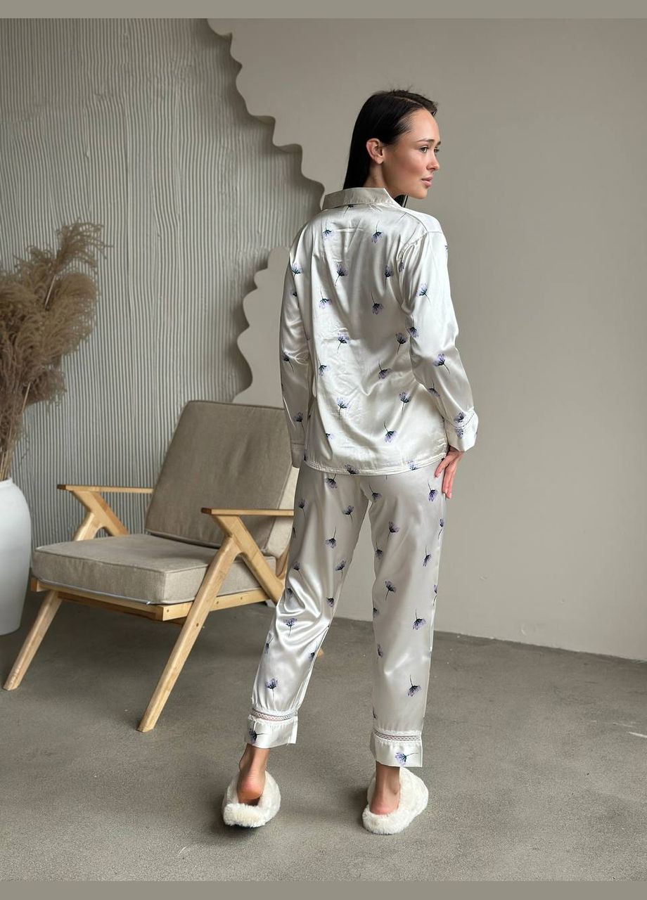 Молочна всесезон стильна шовкова піжамка з ніжним принтом сорочка + брюки Vakko