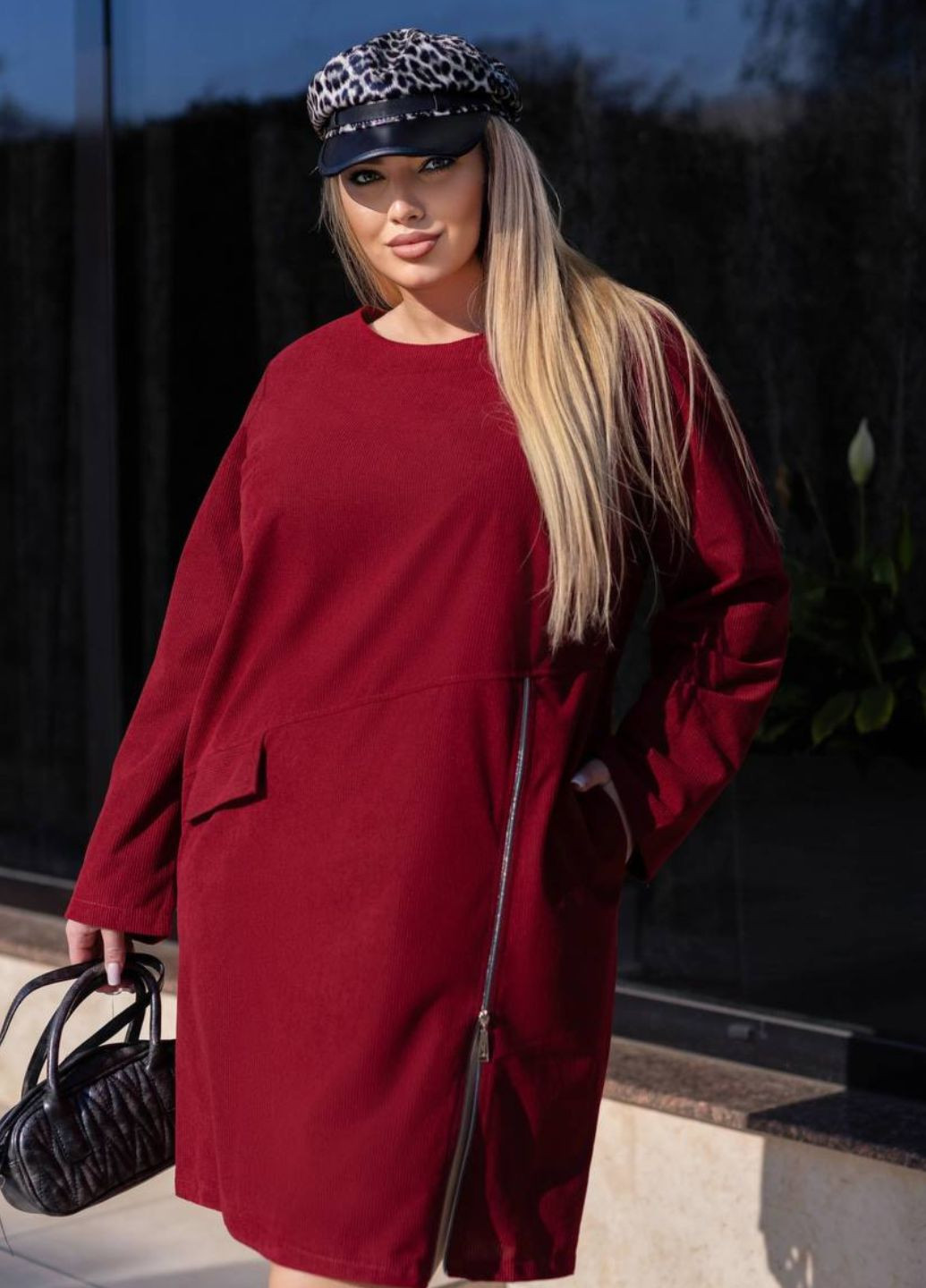 Бордовое повседневный платье из микровельвета с карманами Allthings однотонное