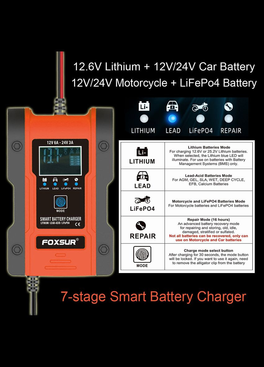 Автоматичний зарядний пристрій для акумуляторів FBC122406D 24V 3A/12V 6A (код: FBC12240) Foxsur (365865073)