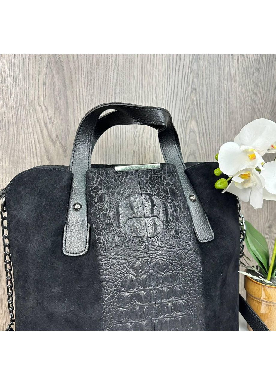 Замшевая женская сумка рептилия черная из натуральной замши и экокожи для повседневного использованияная сумочка ProDobro (363258886)