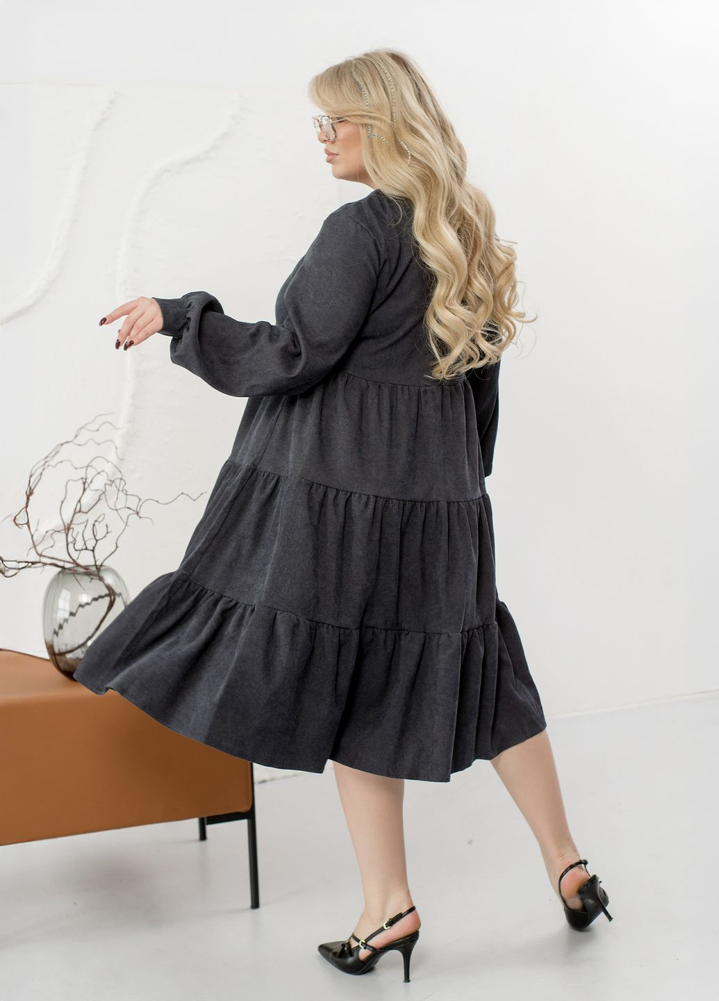 Графітова повсякденний, вечірня вельветова сукня міді а-силует вільного фасону з довгими рукавами дзвін, кльош, а-силует No Brand однотонна