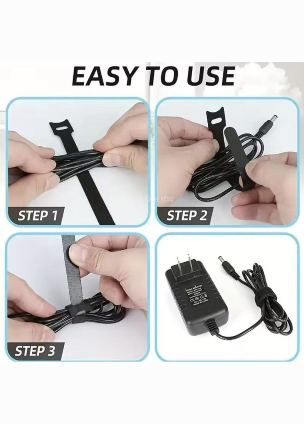 Органайзер кабеля стяжка липучка хомут фиксатор для проводов стрепы 5 штук многоразовые L Черный Lencent (340276283)