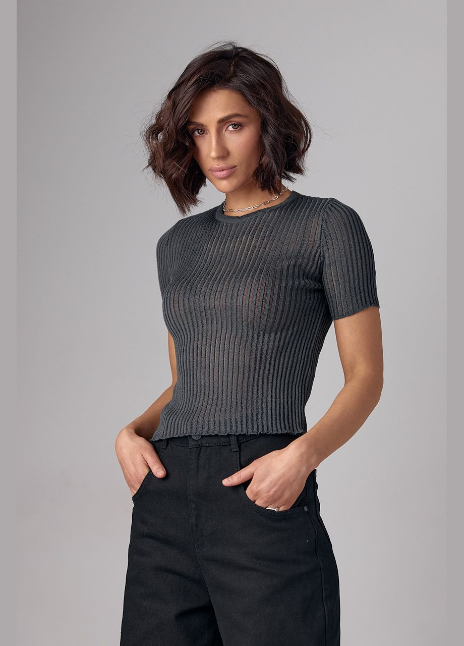 Темно-сіра літня жіноча футболка з ажурною в'язкою Lurex