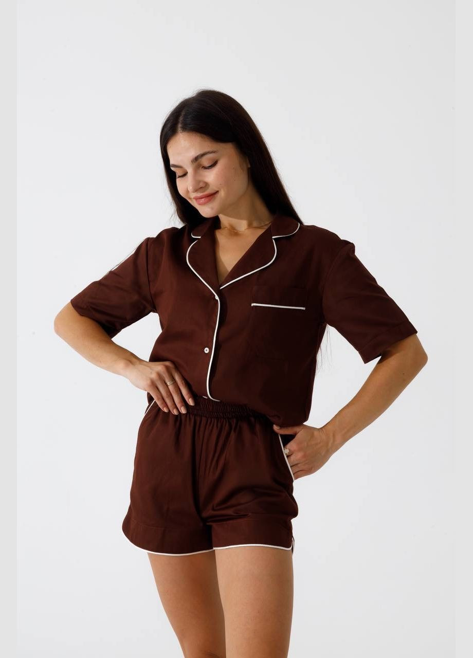 Коричневая пижама из хлопка, шорты + рубашка, шоколад Shine