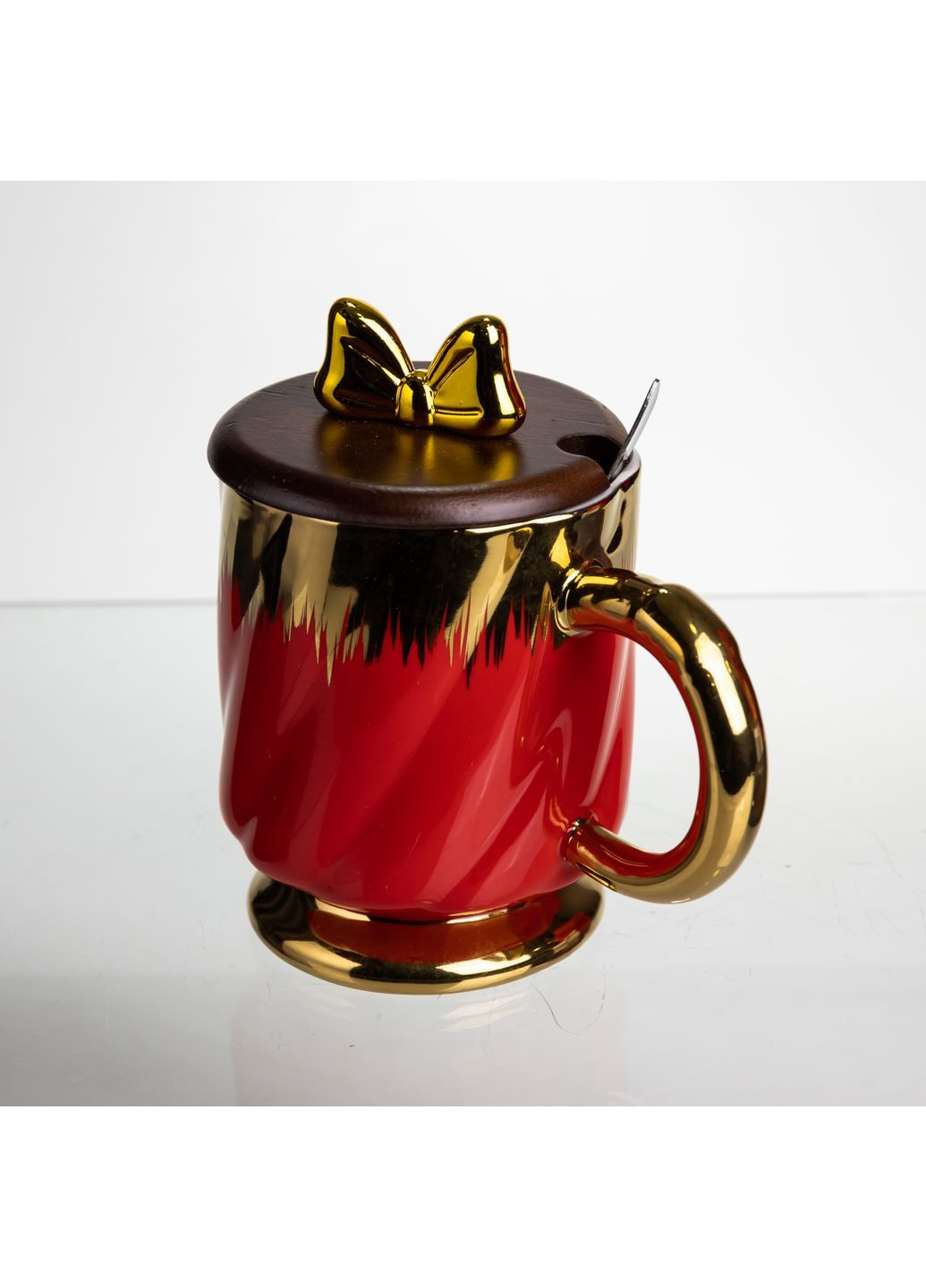 Чашка порцелянова Ribbon 450 мл з кришкою та ложкою, червоний FM-23C No Brand (368641476)