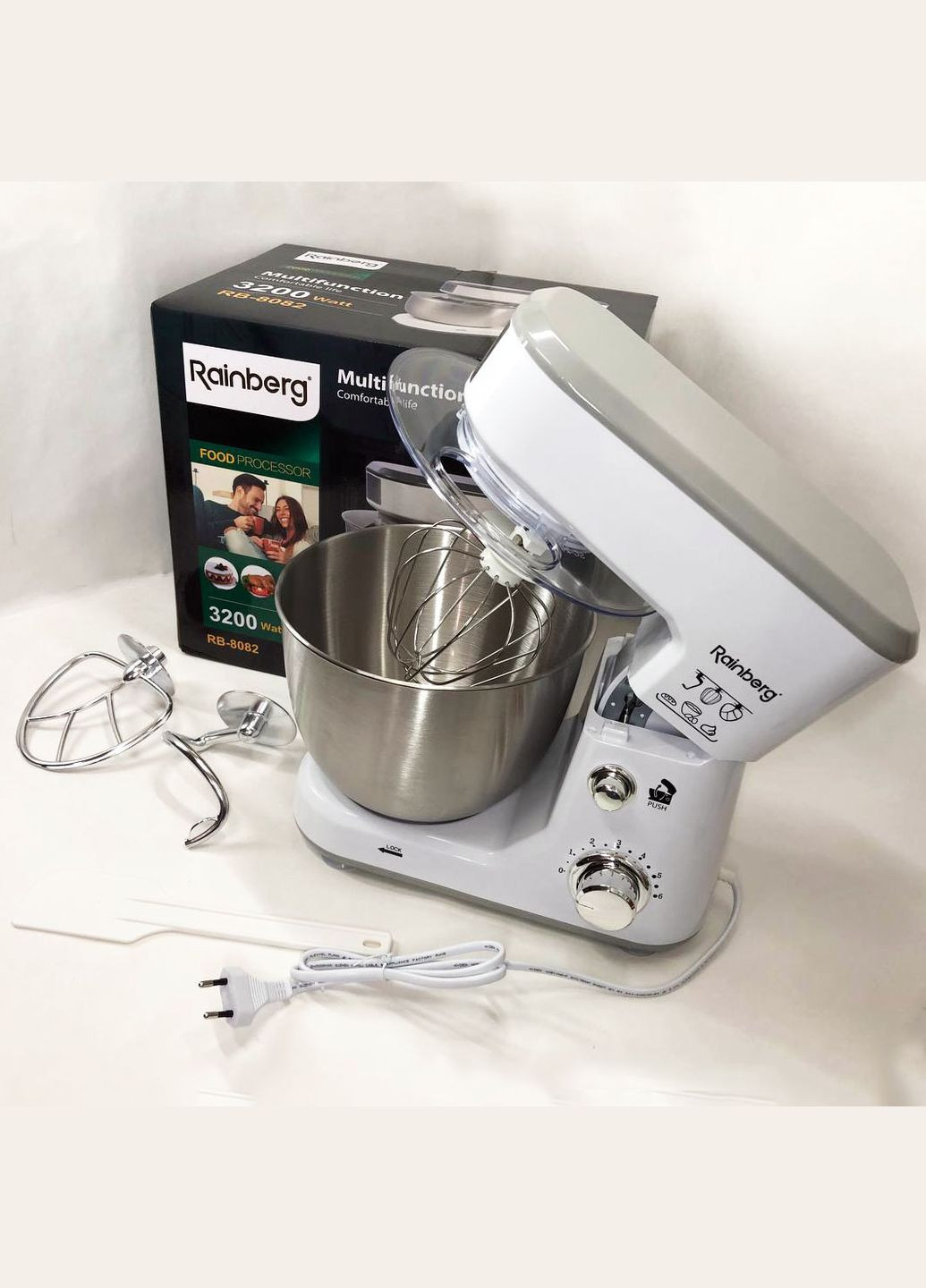 Кухонний комбайн RB-8082 3200 Вт, Планетарний міксер-тестоміс з чашею 5л, 3 насадки, 6 швидкостей Rainberg (364663972)