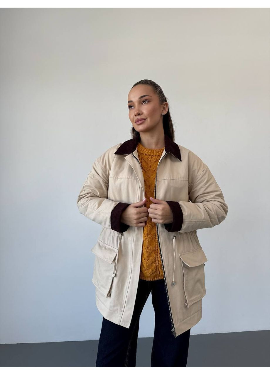 Бежева демісезонна жіноча куртка демісезонна подовженого крою MonCher