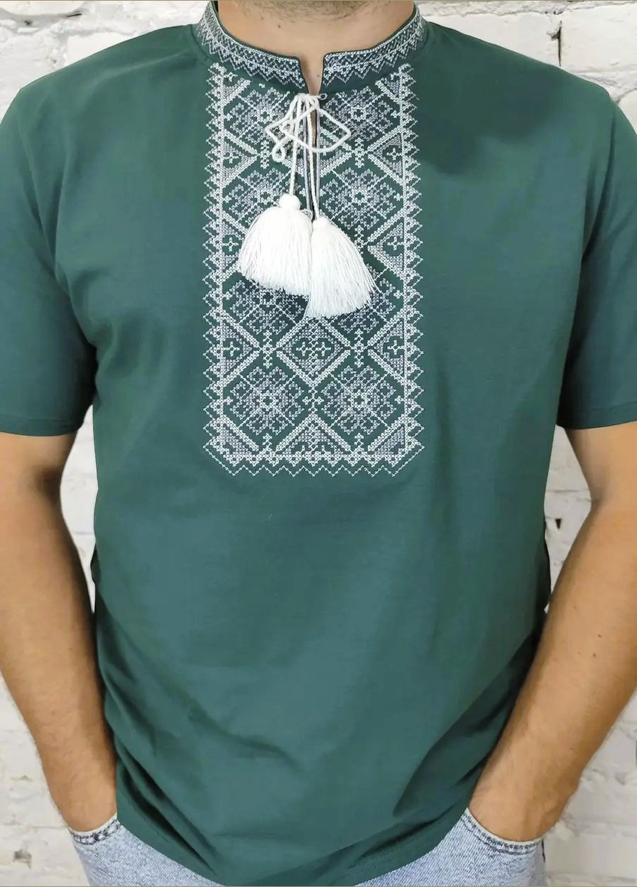 Зелена чоловіча вишита футболка вишиванка ізумрудного кольору НоКо візерунок орнамент вільна, пряма бавовна, еластан (314510364)
