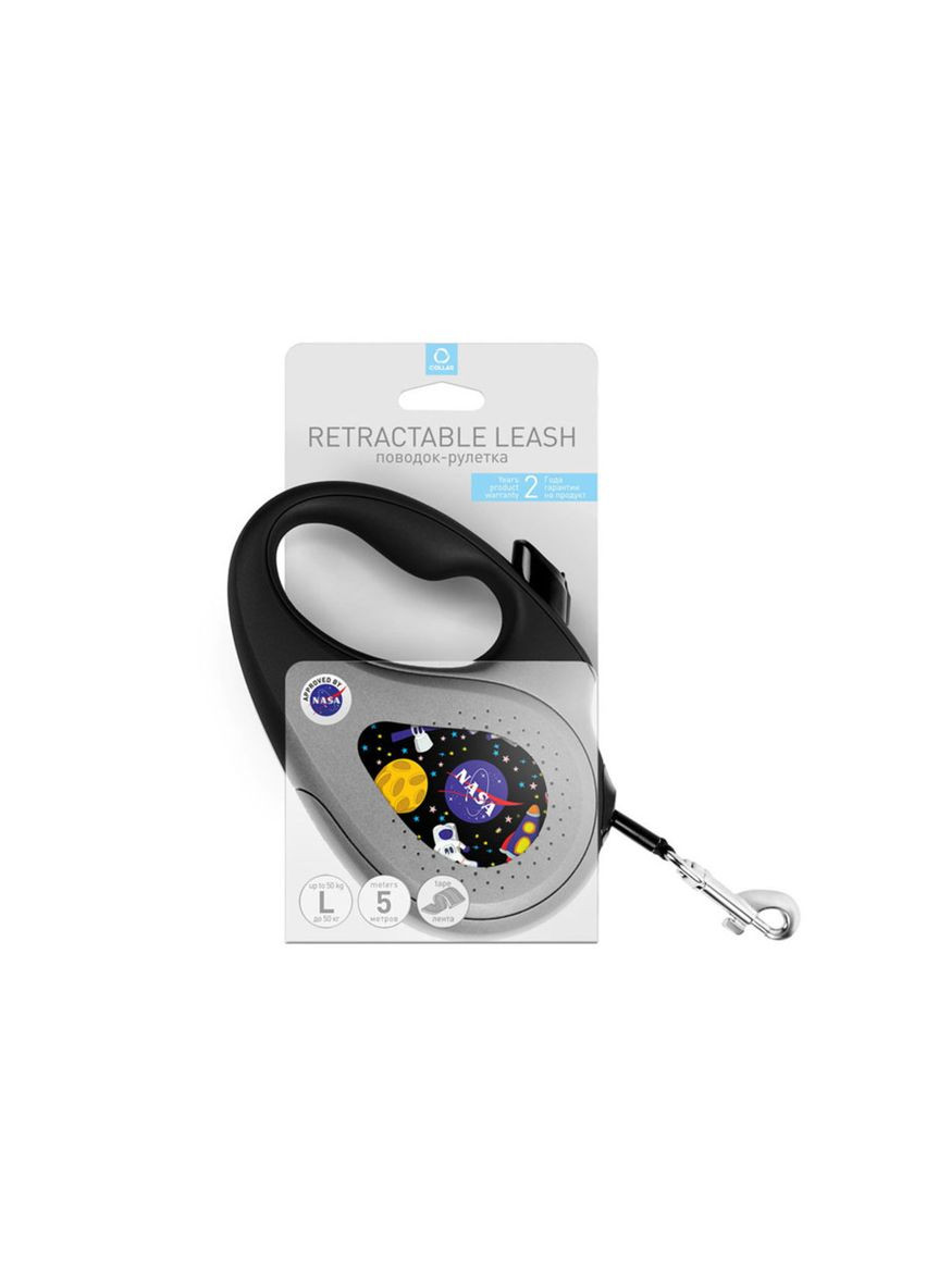Повідець-рулетка для собак R-leash "NASA" L до 50 кг 5 м світловідбивна стрічка Чорний WAUDOG (279564509)