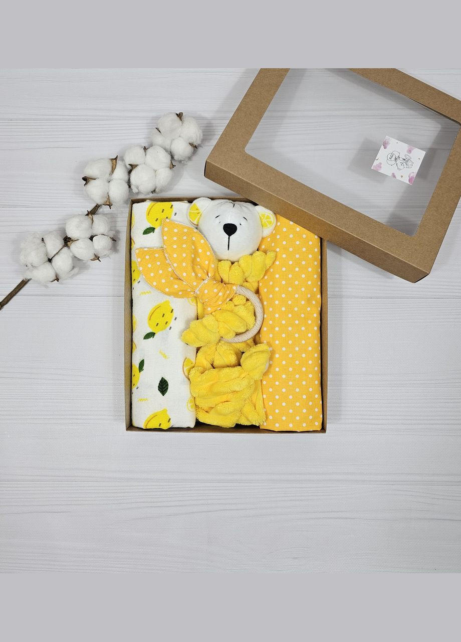 Набор для малыша: 2 пеленки и игрушки a.l.babybox Белый горох на желтом No Brand (308752224)