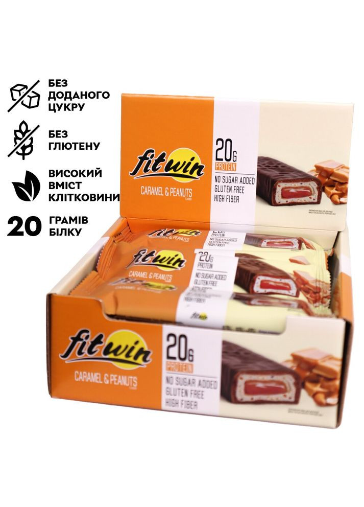 Блок протеиновых батончиков Protein Bar 20%, 12x60 грамм с начинкой - Арахис-карамель FitWin (322209265)
