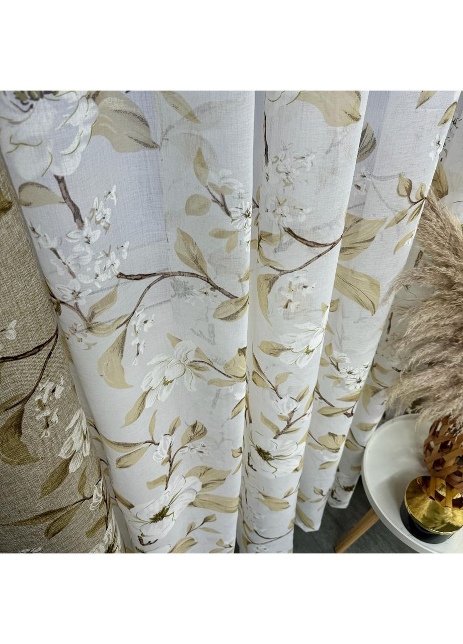 Элегантный комплект: шторы (имитация лен)+тюль(батист) кофейного цвета с цветочным рисунком. No Brand (370278925)