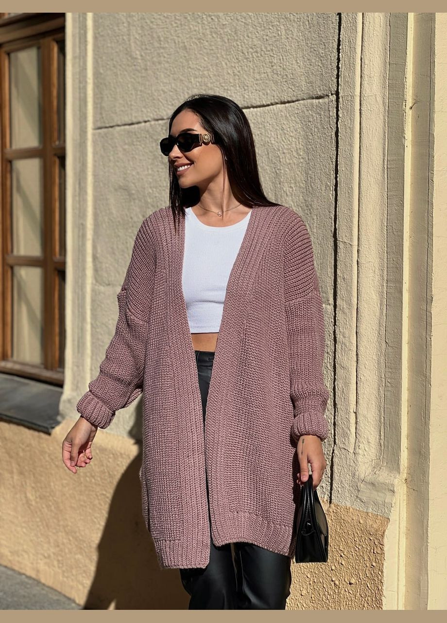 Пудровый женский женский полушерстяной кардиган пудрового цвета 31458 Fashion однотонный - демисезонный