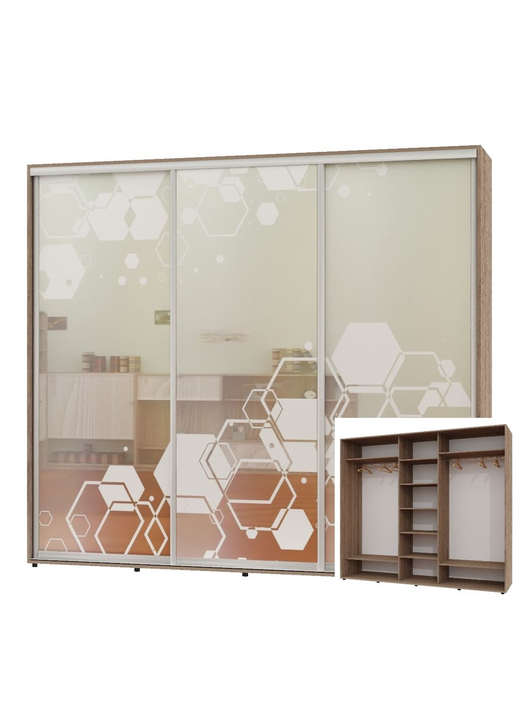 Шкаф-купе трехдверный 240*60*250 Дуб Сонома трюфель Зеркало с пескоструйным рисунком ШК-04 Алекса (360477422)