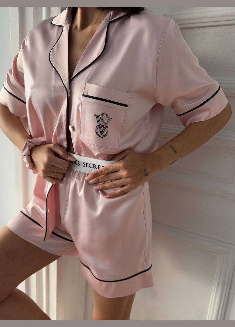 Рожева всесезон стильна піжама на резинці з принтом сорочка + шорти No Brand