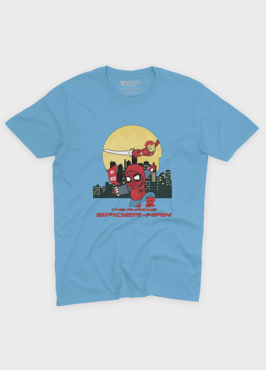 Блакитна демісезонна футболка для хлопчика з принтом супергероя - людина-павук (ts001-1-lbl-006-014-058-b) Modno