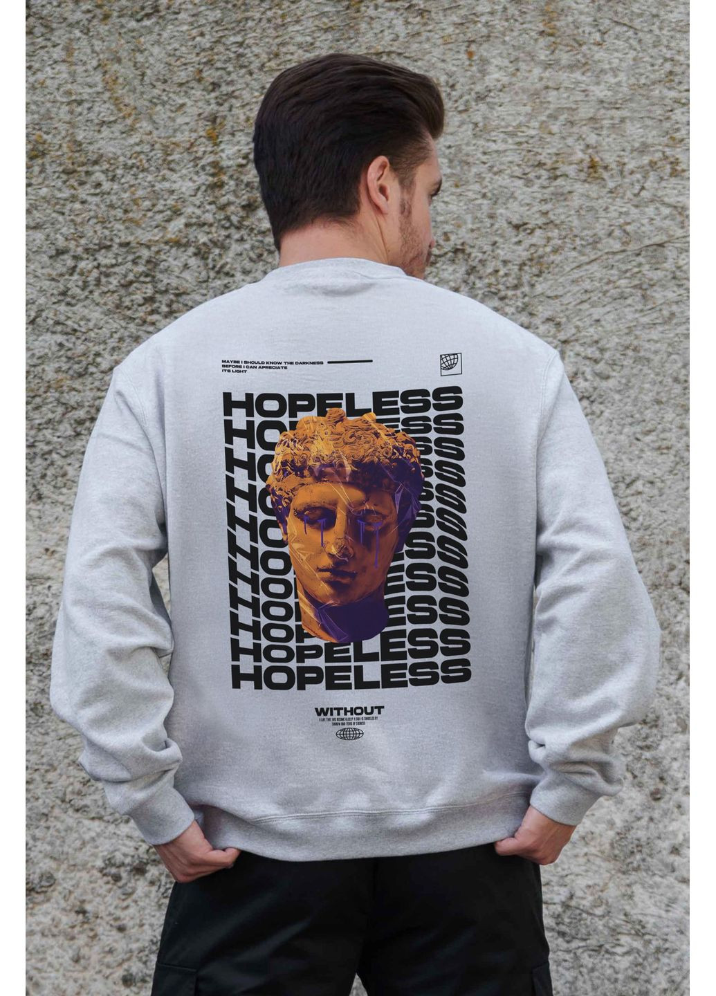Серый мужской утепленный оверсайз свитшот на флисе с принтом hopeless Without однотонный без декора (361267557)