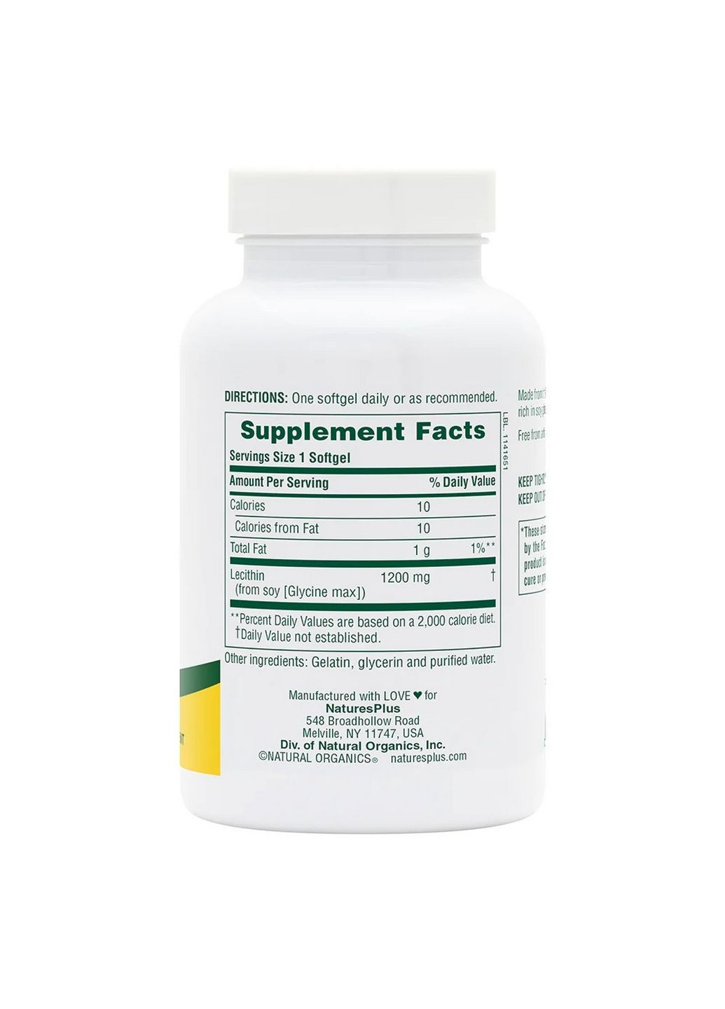 Натуральна добавка Lecithin 1200 mg, 90 капсул Natures Plus (293338021)