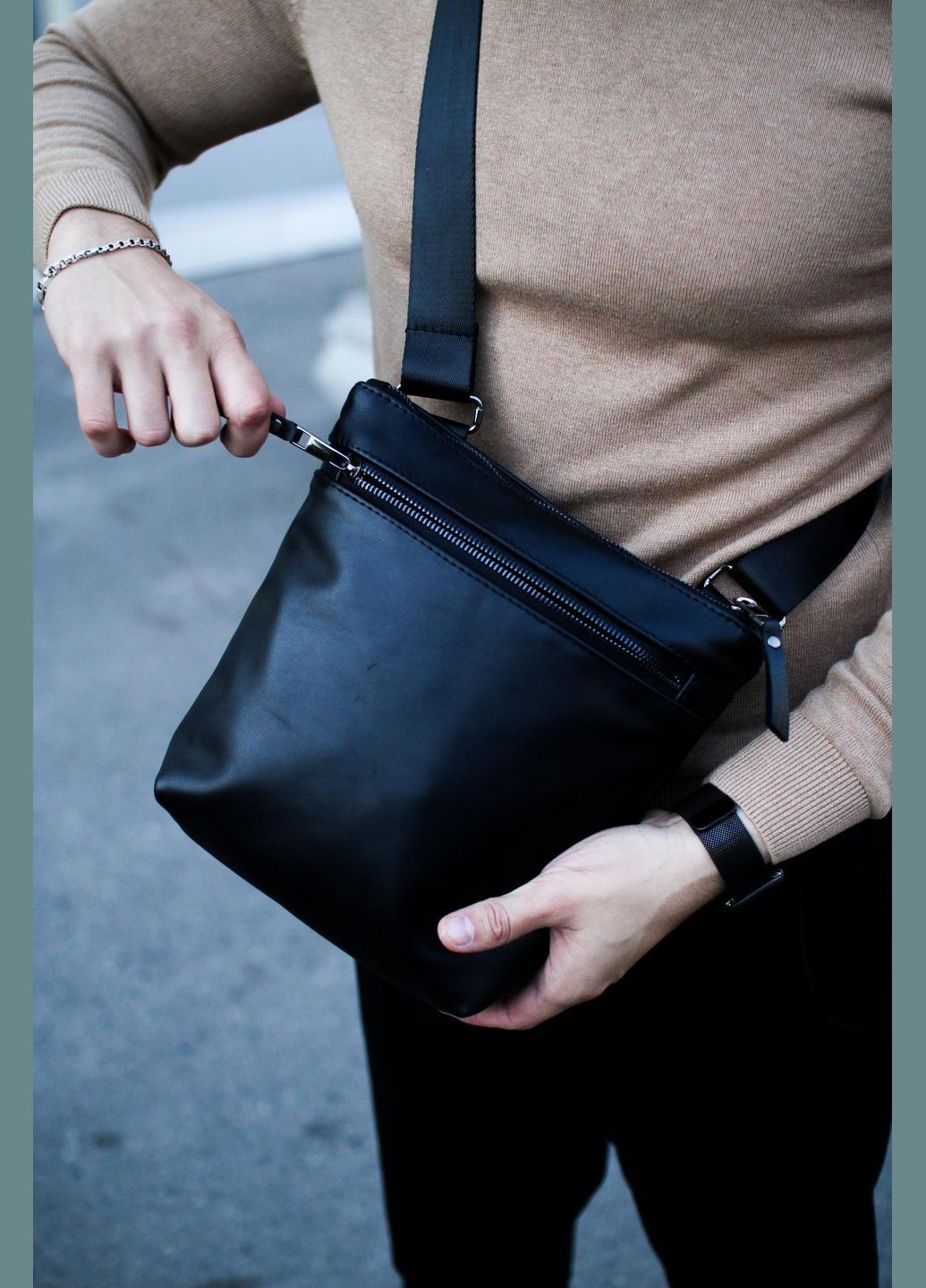 Сумка-мессенджер мужская из натуральной кожи, сумка через плечо (Черная) SKILL (324030631)