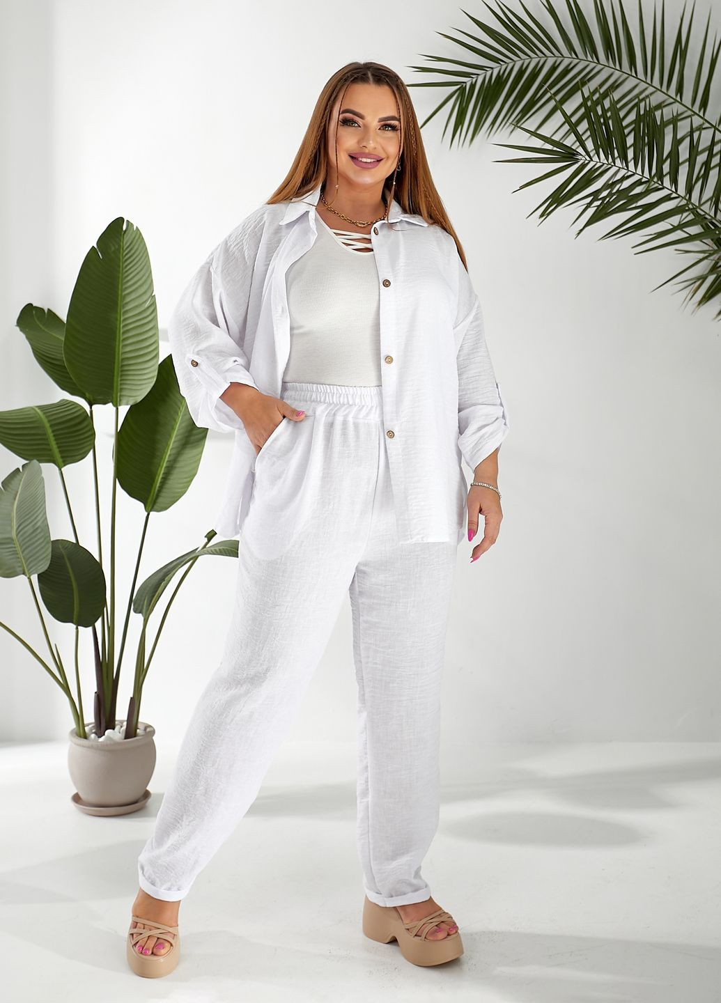 Костюм женский из льна (рубашка + брюки) No Brand (328604742)