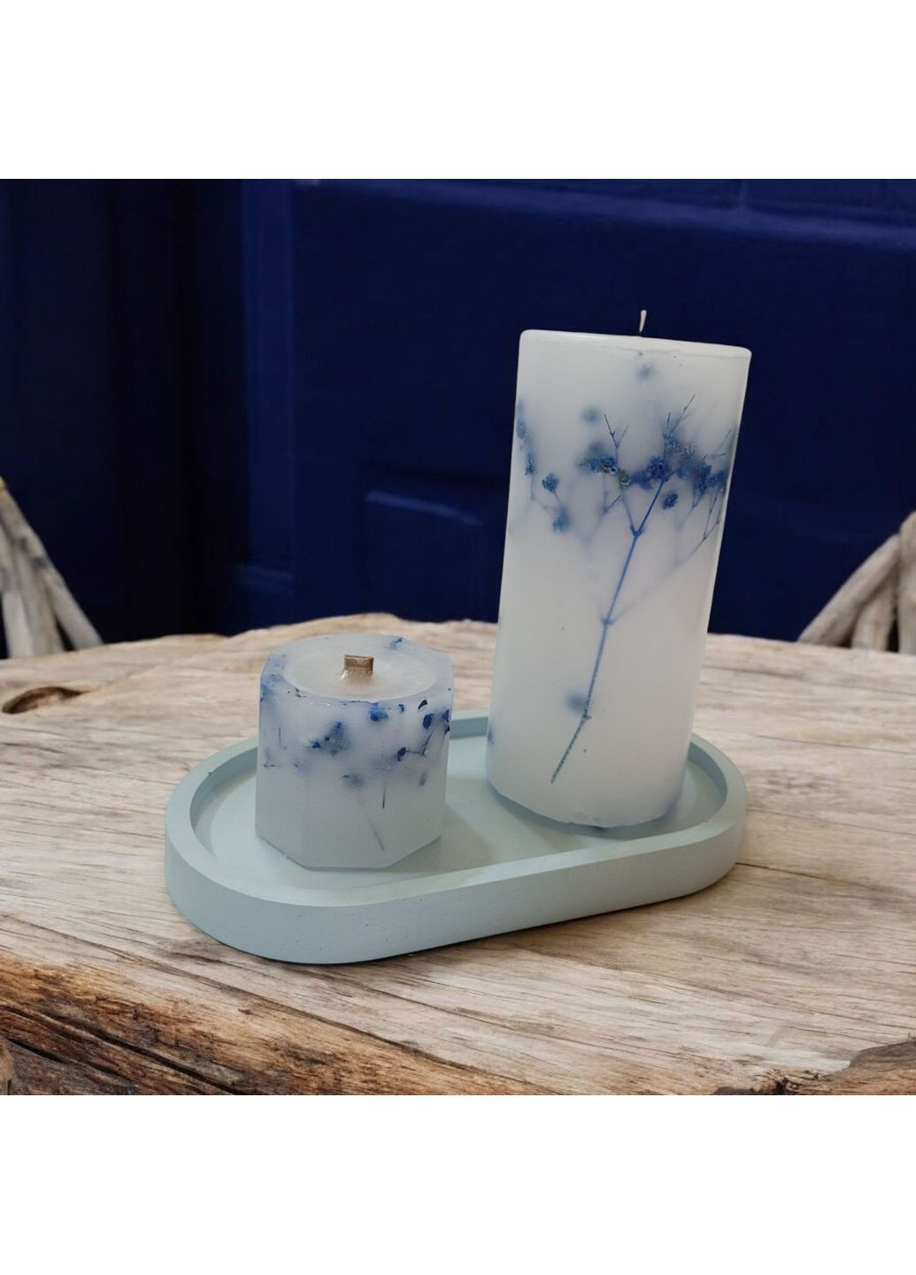 Набір декоративних свічок ручної роботи свічки ароматичні в наборі з 2 шт на овальній підставці з гілочками блакитної гіпсофіли Handmade Studio - AV (370203305)