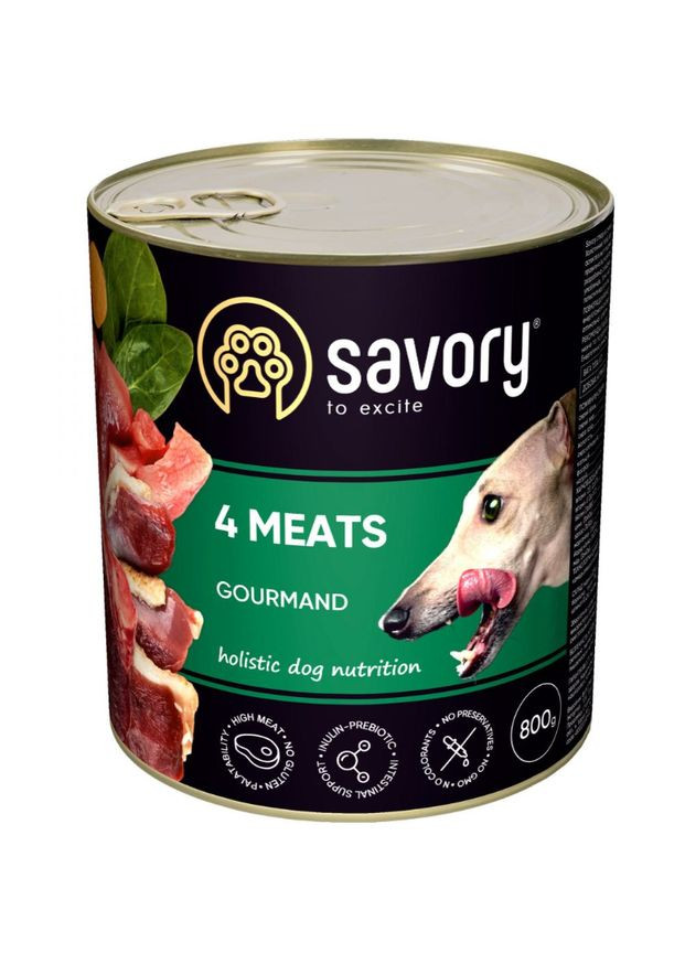 Вологий корм для дорослих собак усіх порід, з чотирма видами м'яса, 800 г Savory (292257450)