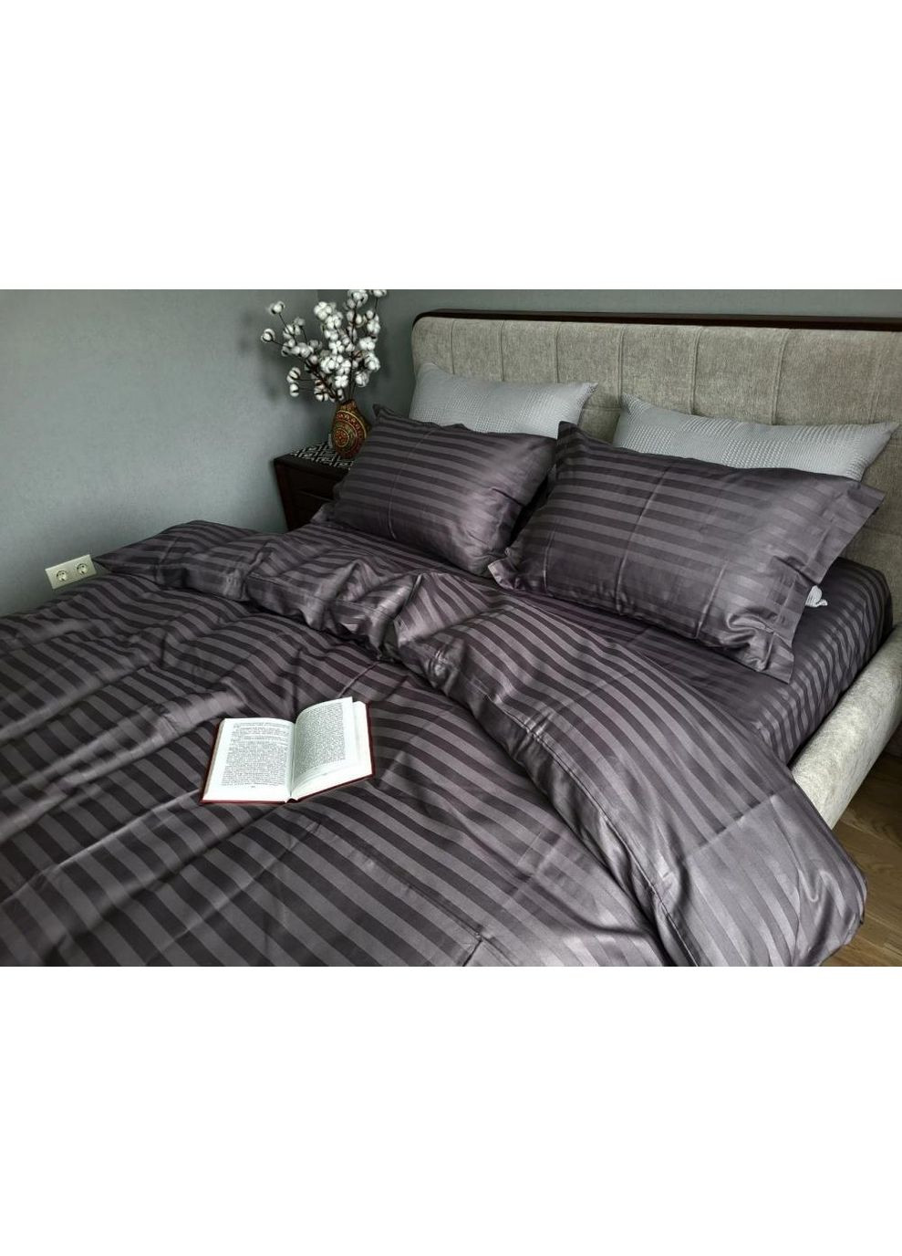 Постельное белье с резинкой ROYAL GRAY, сатин страйп PREMIUM 2/2см Полуторный размер, наволочки 70/70 No Brand (364220786)