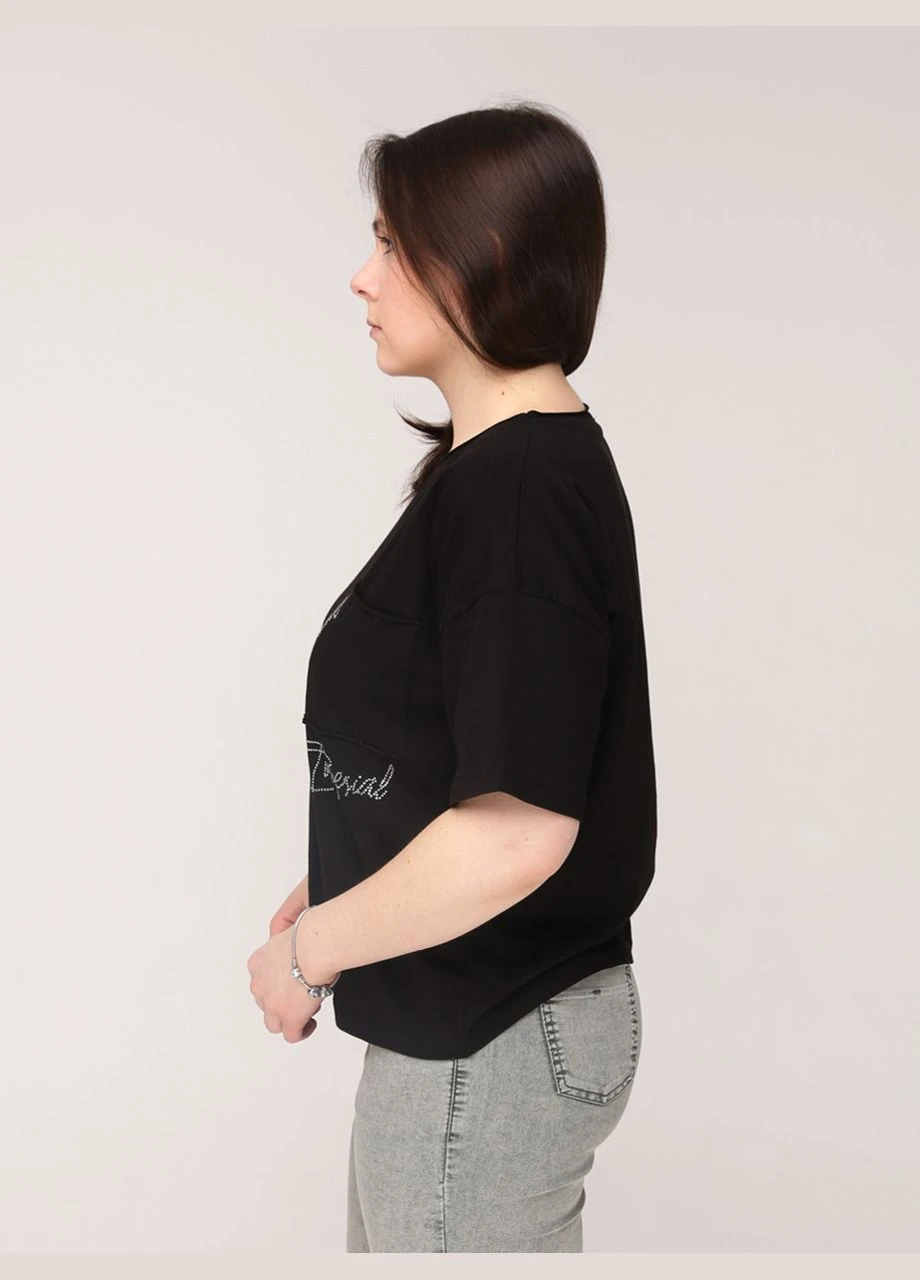 Футболка жіноча чорна широка укорочена з кишенею JEANSclub Вільна - (294755968)