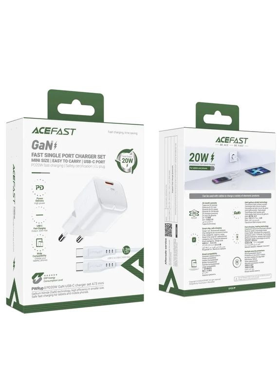 Сетевое зарядное устройство с кабелем A73 mini PD20W GaN single USB-C charger set (C3-03) White (6974316282655) Acefast A73 mini GaN (372685677)