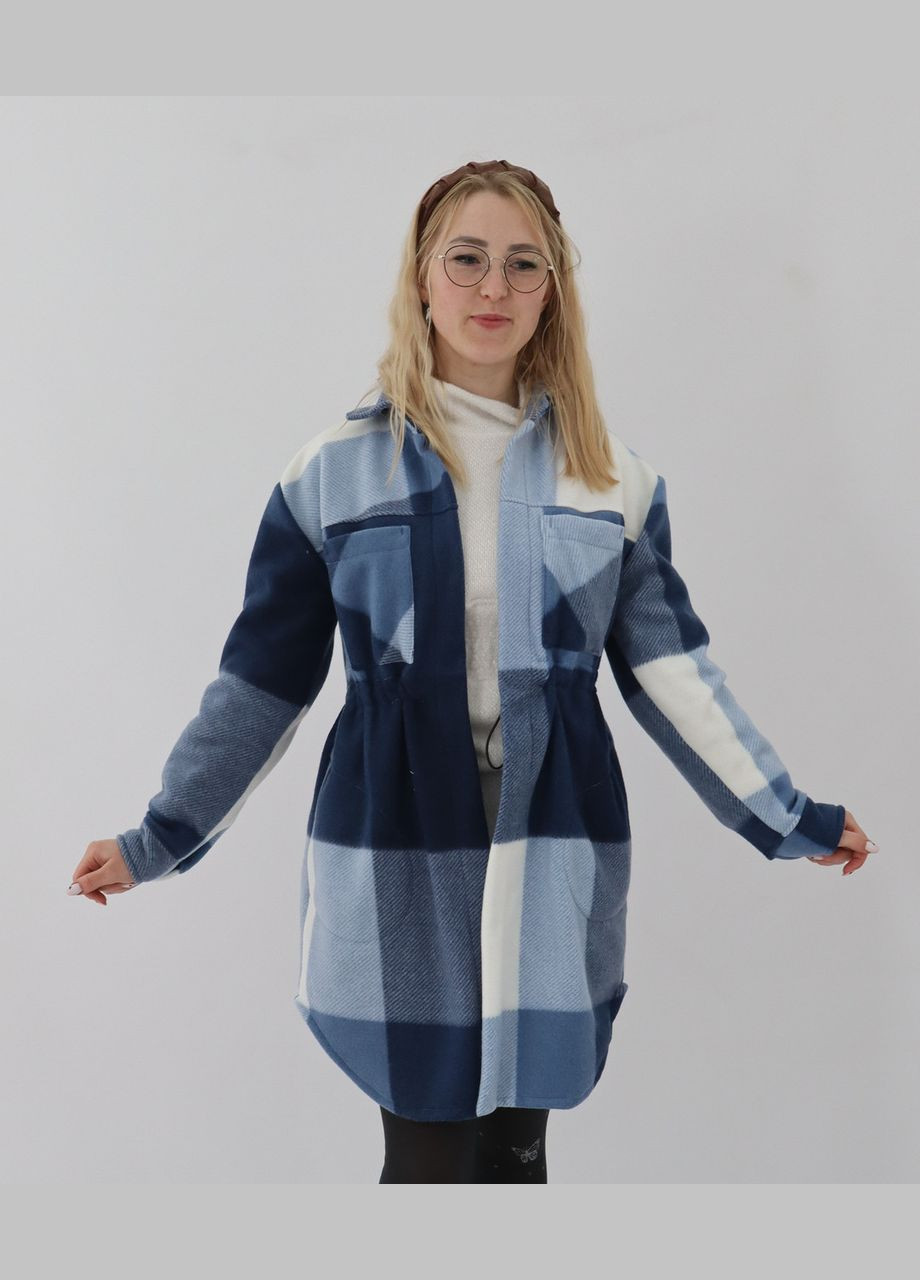 Тепла жіноча флісова сорочка-пальто в синю карту з капюшоном No Brand (328069486)