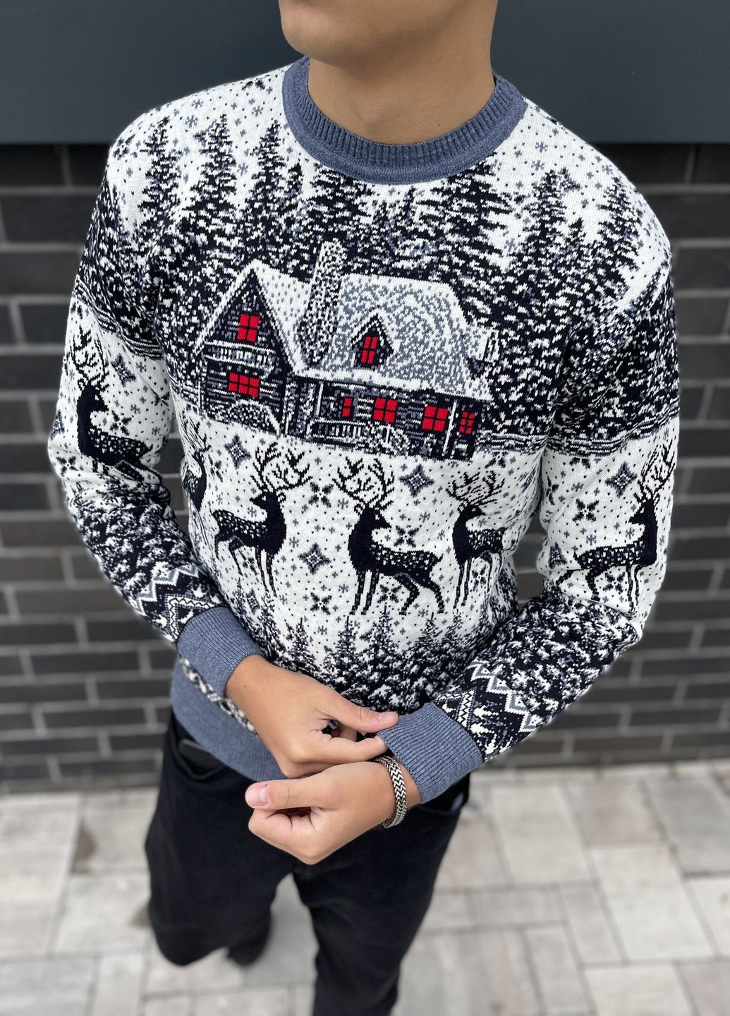 Синій зимовий чоловічий новорічний светр з оленями "big house" білий, під шию джемпер No Brand