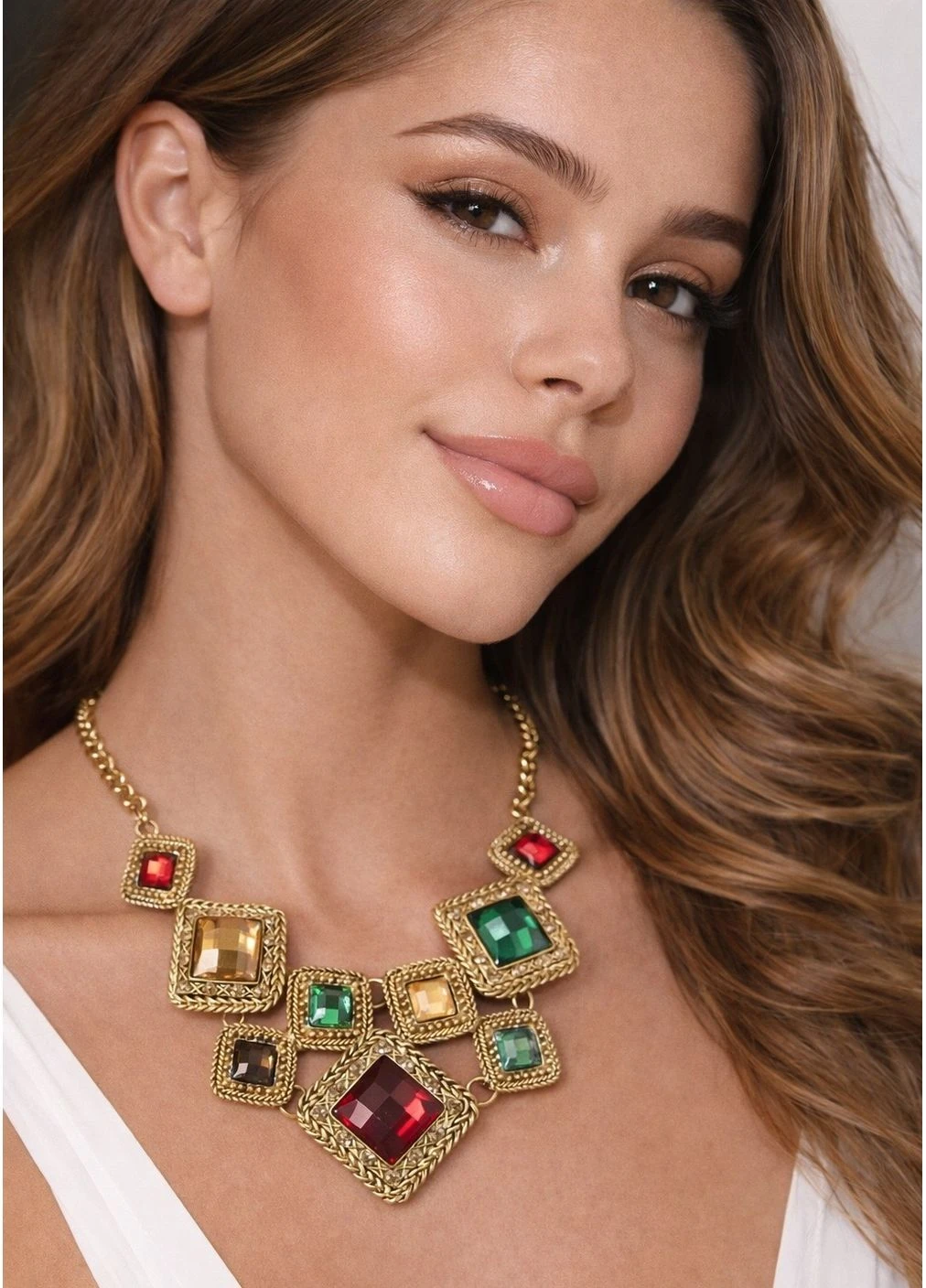 Східне кольє з кольоровими квадратними кристалами, 9112 Fashion Jewelry (380375897)