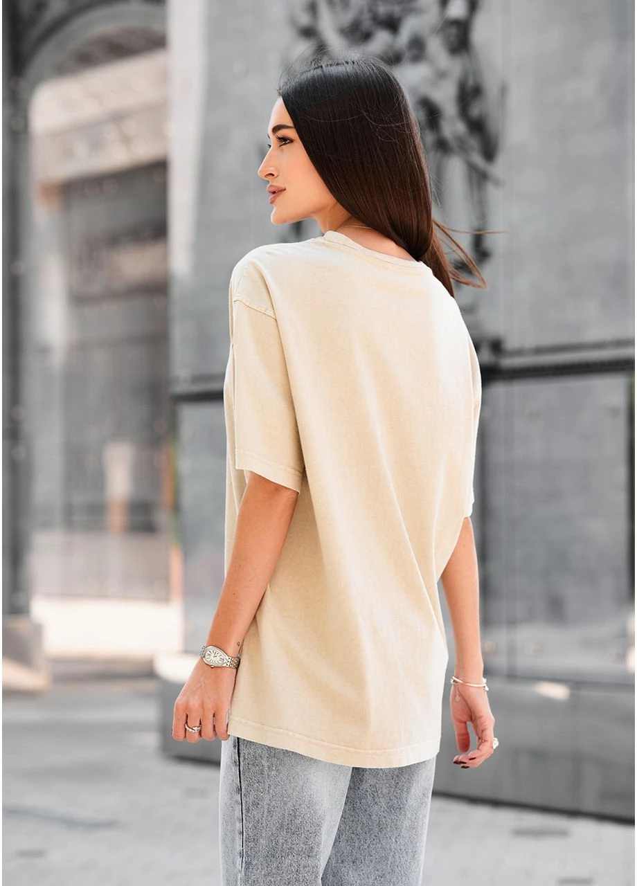 Женская Футболка Стафф Бежевая Оверсайз Однотонная С Логотипом Базовая Ri Beige Oversize Seli Staff - (395640081)